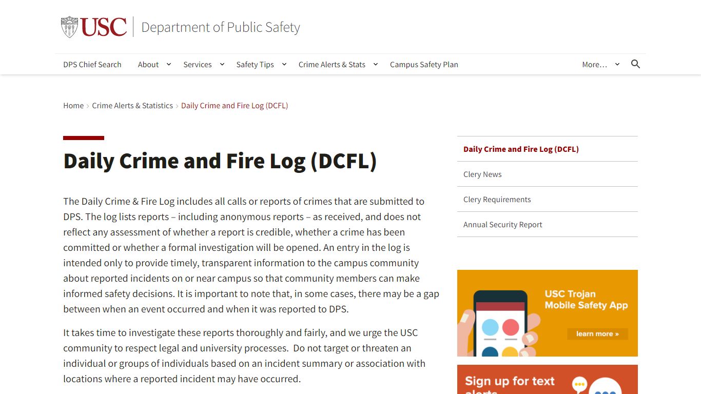 Daily Crime and Fire Log (DCFL) | Department of Public Safety | USC